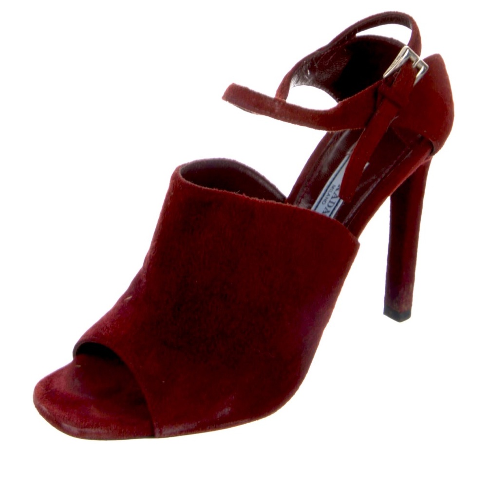 PRADA bergundy suede peep toe ankle strap heels